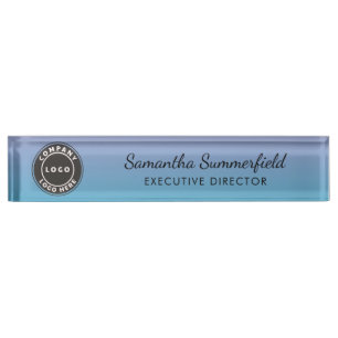 Add Business Logo and Name Blue Ombre Office Desk Name Plate