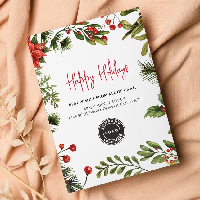 Add Business Logo Christmas Holiday Company Card (Business Logo Poinsettia Christmas Holidays Greetings Card)