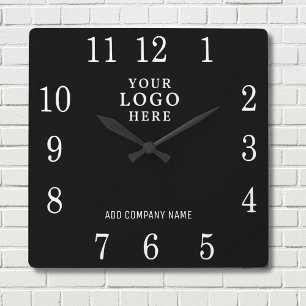 Add Business Logo Company Name Promotional Black Square Wall Clock