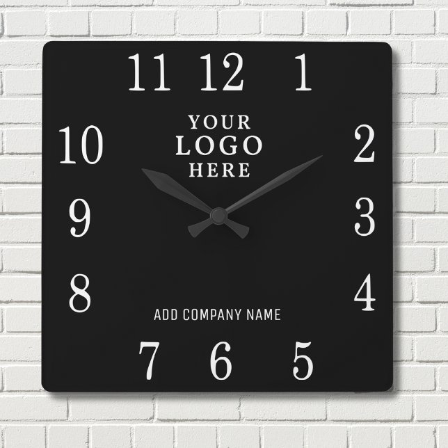 Add Business Logo Company Name Promotional Black Square Wall Clock (Creator Uploaded)