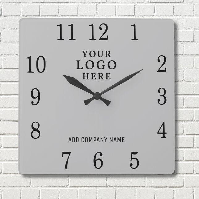 Add Business Logo Company Name Promotional Gray Square Wall Clock (Creator Uploaded)