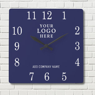 Add Business Logo Company Name Promotional Navy Square Wall Clock