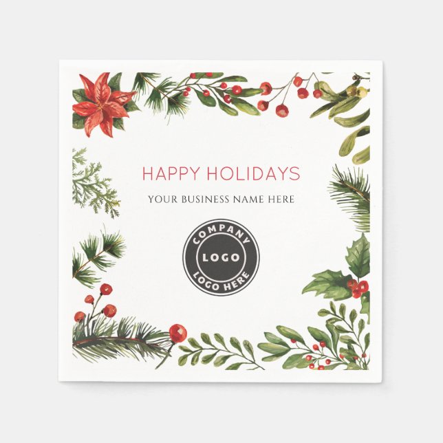 Add Business Logo Happy Holidays Berries Paper Napkins (Front)