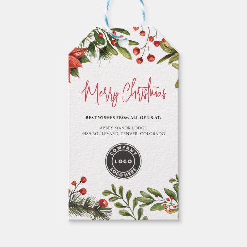 Add Business Logo Merry Christmas Botanical Gift Tags