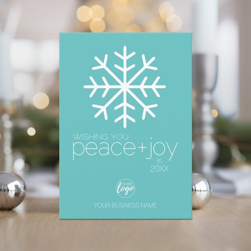 Add Business Logo _ Peace  Joy Modern Snowflake Holiday Card