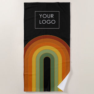 Add Business Logo Retro Seventies Rainbow Black Beach Towel