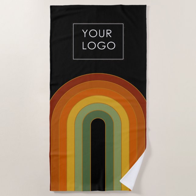 Add Business Logo Retro Seventies Rainbow Black  Beach Towel (Front)
