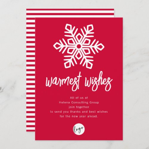 Add Business Logo Warmest Wishes Snowflake Holiday Card