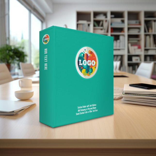 Add Business Logo with custom Text - aqua teal 3 Ring Binder (Custom 3-ring binder - personalize with your logo and text)
