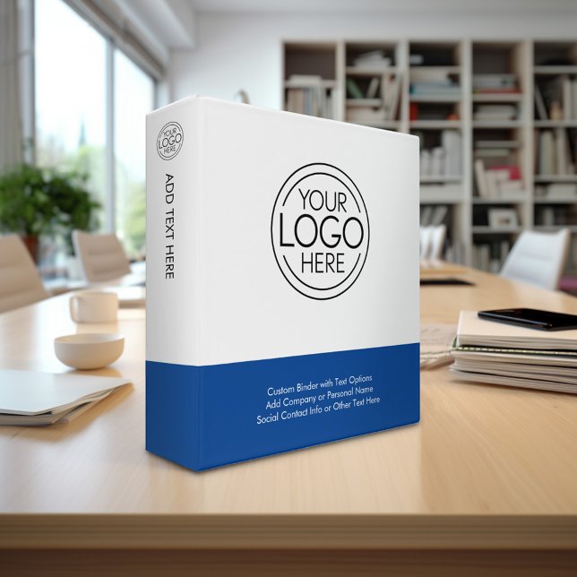 Add Business Logo with custom Text - blue white 3 Ring Binder (Custom 3-ring binder - personalize with your logo and text)
