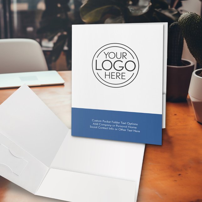 Add Business Logo with custom Text - blue white Pocket Folder (Custom Presentation Pocket Folder - Logo Folder in your business branding colors)