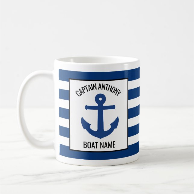 Add Captain and Boat Name Nautical Blue Anchor Coffee Mug (Left)
