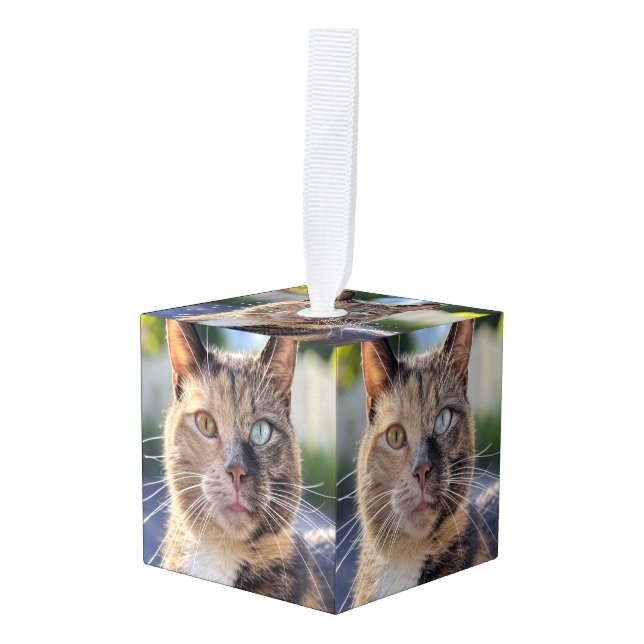 Add Cat Photo Customize Cube Ornament (Front Angled)