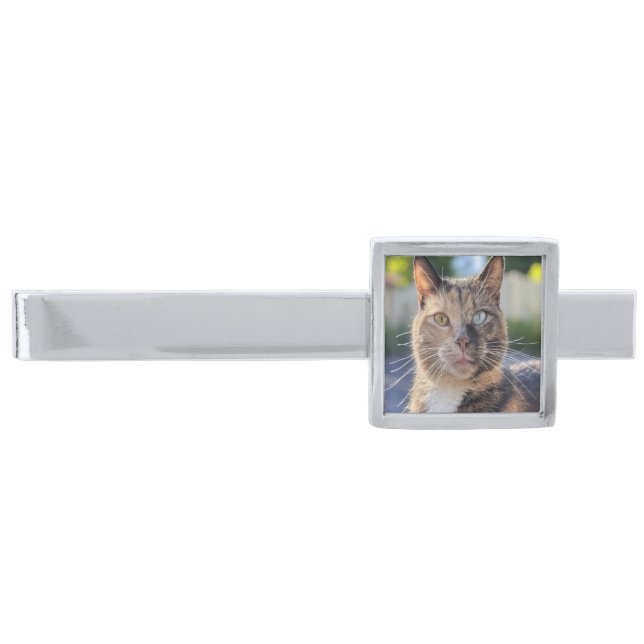 Add Cat Photo Customize Silver Finish Tie Bar (Front)