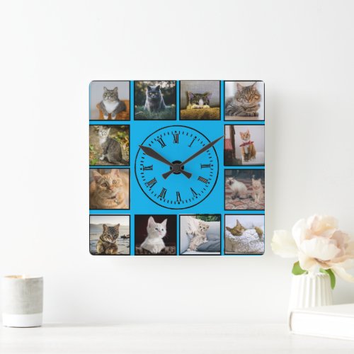Add Cat Photos Collage Blue Background  Square Wall Clock