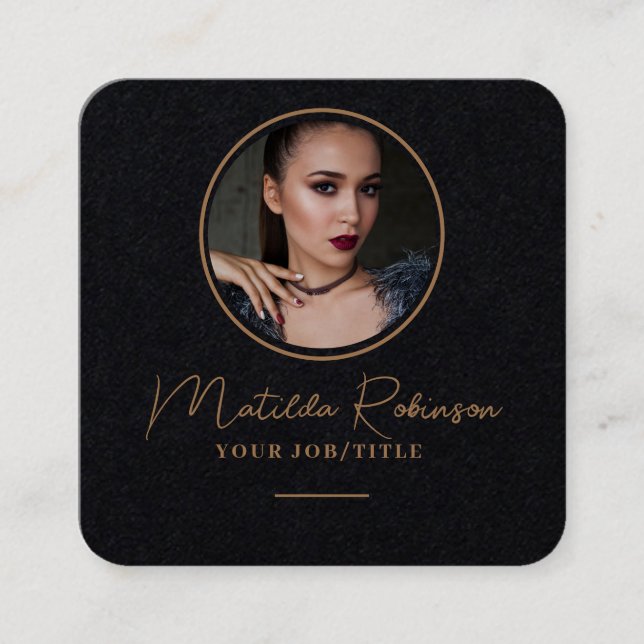 Add Circular Photo Gold Premium Black Square Business Card (Front)