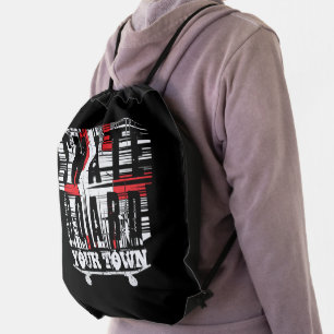 Add City Town Skateboard Distressed White on Black Drawstring Bag