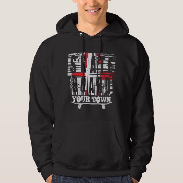 Add City Town Skateboard Distressed White on Black Hoodie (Front)