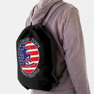 Add City Town Text Name Skateboard USA Flag Drawstring Bag