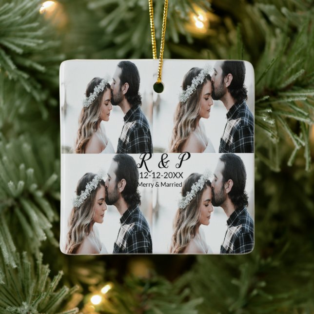 Add couple photo merry married add date year  ceramic ornament (Tree)