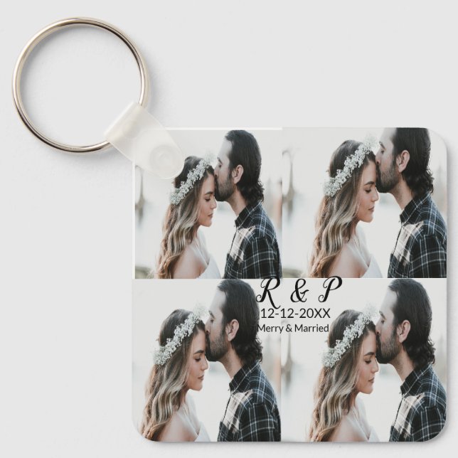 Add couple photo merry married add date year  keychain (Front)