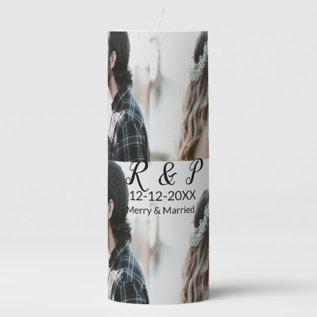 Add couple photo merry married add date year  pillar candle (Front)