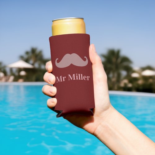 Add custom name moustache on maroon seltzer can cooler