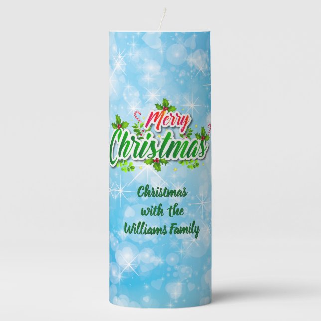 Add Family Name Matching Merry Christmas Blue  Pillar Candle (Front)