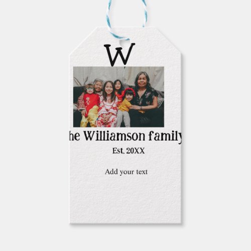Add family name photo year rustic vintage reunion gift tags