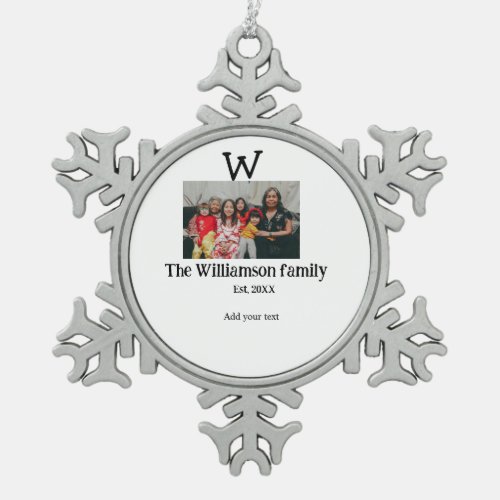 Add family name photo year rustic vintage reunion snowflake pewter christmas ornament