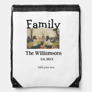 Add family name photo year rustic vintage template drawstring bag