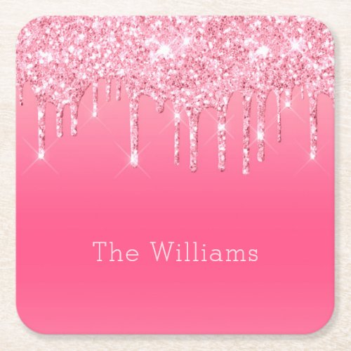 Add Family Name Pink Dripping Glitter Luxury Square Paper Coaster
