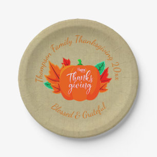 Add Family Name Text Thanksgiving Pumpkin 20xx 7" Paper Plates