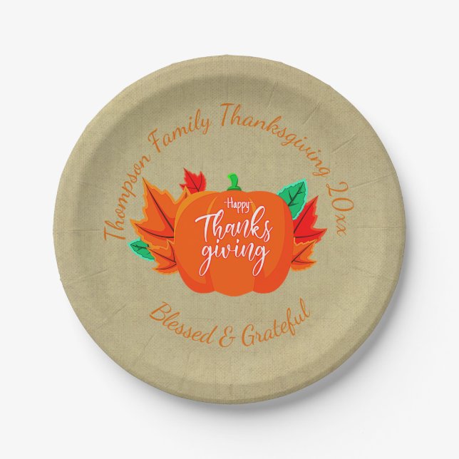Add Family Name Text Thanksgiving Pumpkin 20xx 7" Paper Plates (Front)