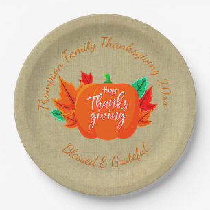 Add Family Name Text Thanksgiving Pumpkin 20xx  9" Paper Plates