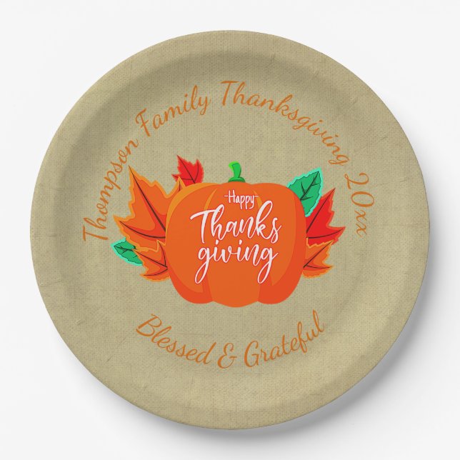 Add Family Name Text Thanksgiving Pumpkin 20xx  9" Paper Plates (Front)