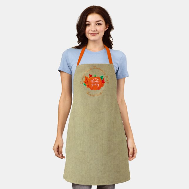 Add Family Name Text Thanksgiving Pumpkin Apron (Worn)