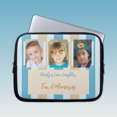 Add family photos stripes blue and sand laptop sleeve