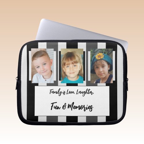 Add family photos stripes gray and black laptop sleeve