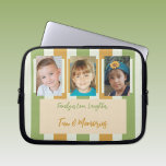 Add family photos stripes green and gold laptop sleeve<br><div class="desc">Laptop sleeve gift idea.
Animal and coffee lover.
Replace the 2 photos with your own and add a name.
Green and gold.</div>