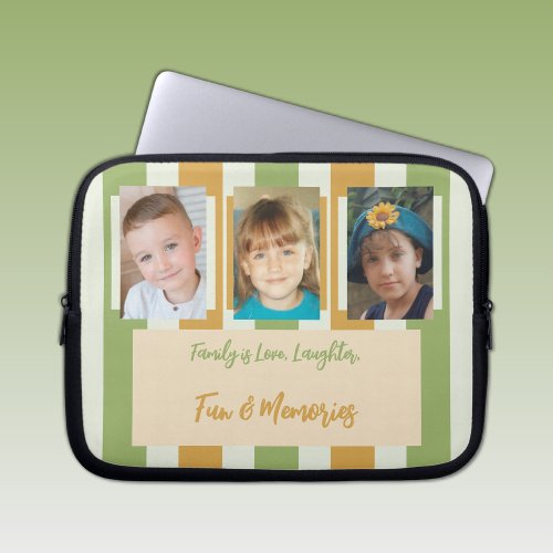 Add family photos stripes green and gold laptop sleeve