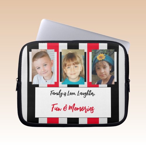 Add family photos stripes grey black and red laptop sleeve