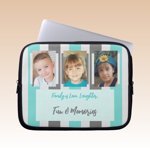 Add family photos stripes mint green and gray laptop sleeve