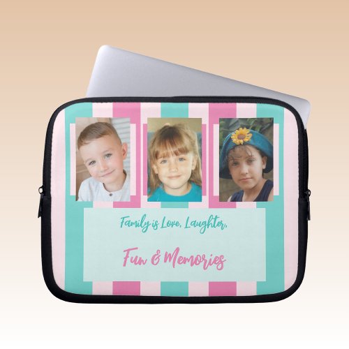 Add family photos stripes mint green and pink laptop sleeve