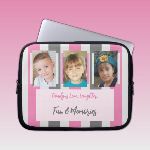 Add family photos stripes pink and gray laptop sleeve