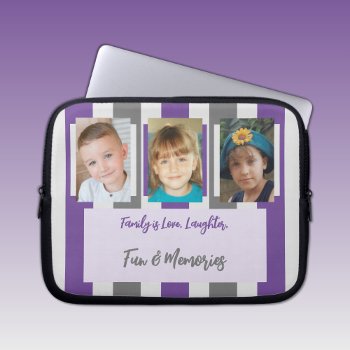 Add Family Photos Stripes Purple And Grey Laptop Sleeve by LynnroseDesigns at Zazzle