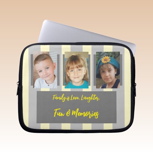 Add family photos stripes yellow and grey laptop sleeve