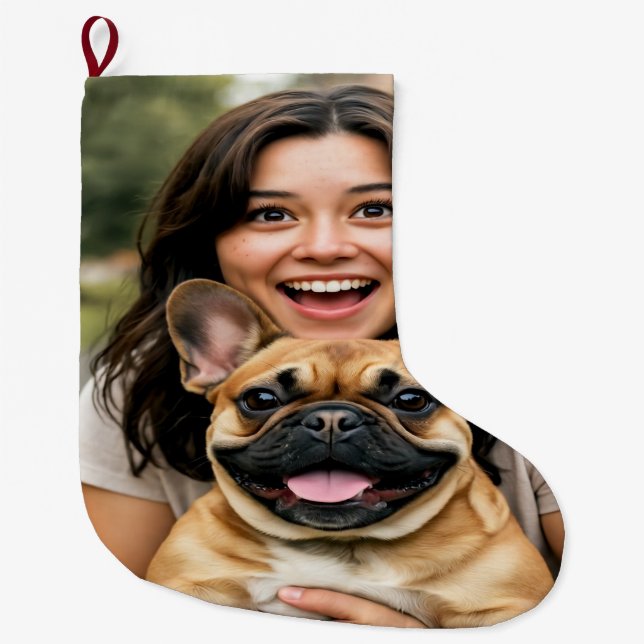Add French Bulldog Photo Personalize Large Christmas Stocking (Front)