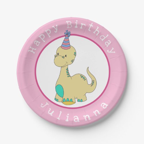 Add Girls Name Dinosaur Birthday Party Paper Plates