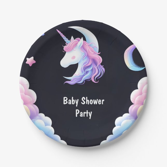 Add Glow Space Royal Pony Unicorn Baby Girl Shower Paper Plates (Front)